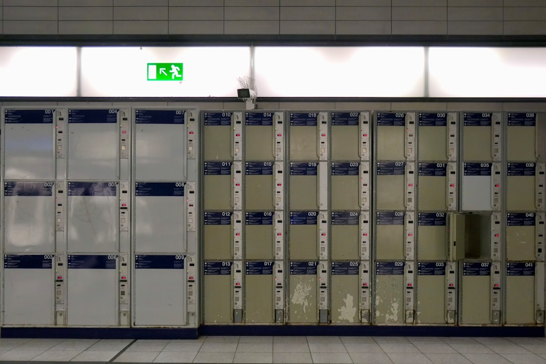 white and beige steel locker