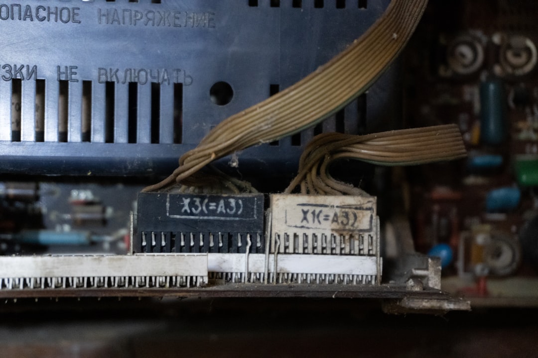Close-up of old electronic connectors and wiring connectors.